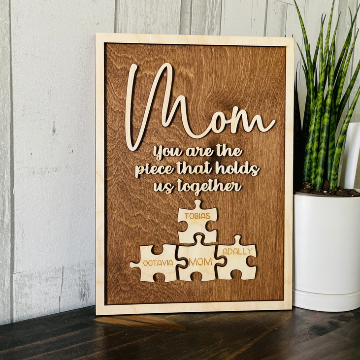 Handmade Personalized Wood Mom Puzzle Sign.