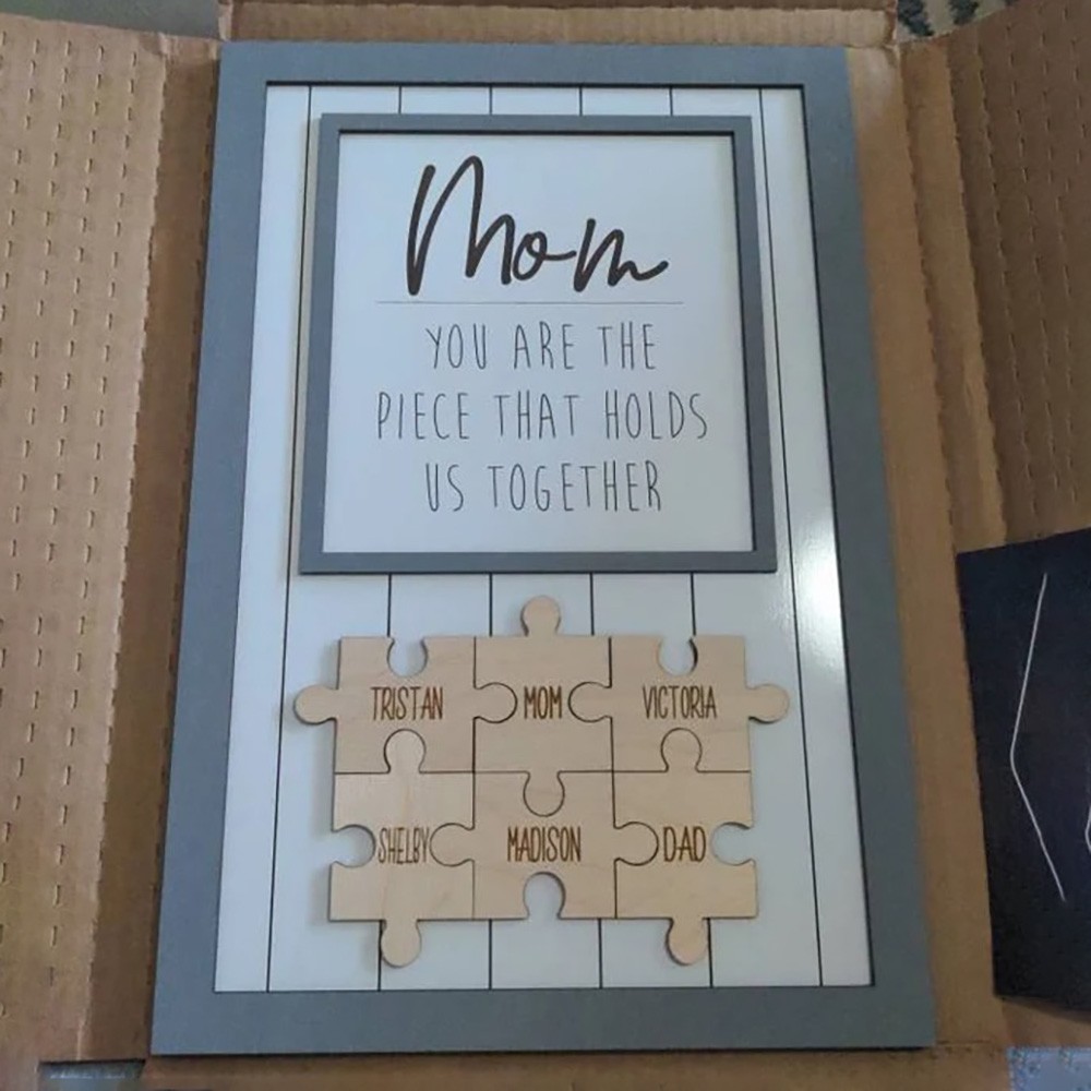 Handmade Personalized Blue Wood Mom Puzzle Sign | Mom You Are The Piece That Holds Us Together | Mothers Day Gift