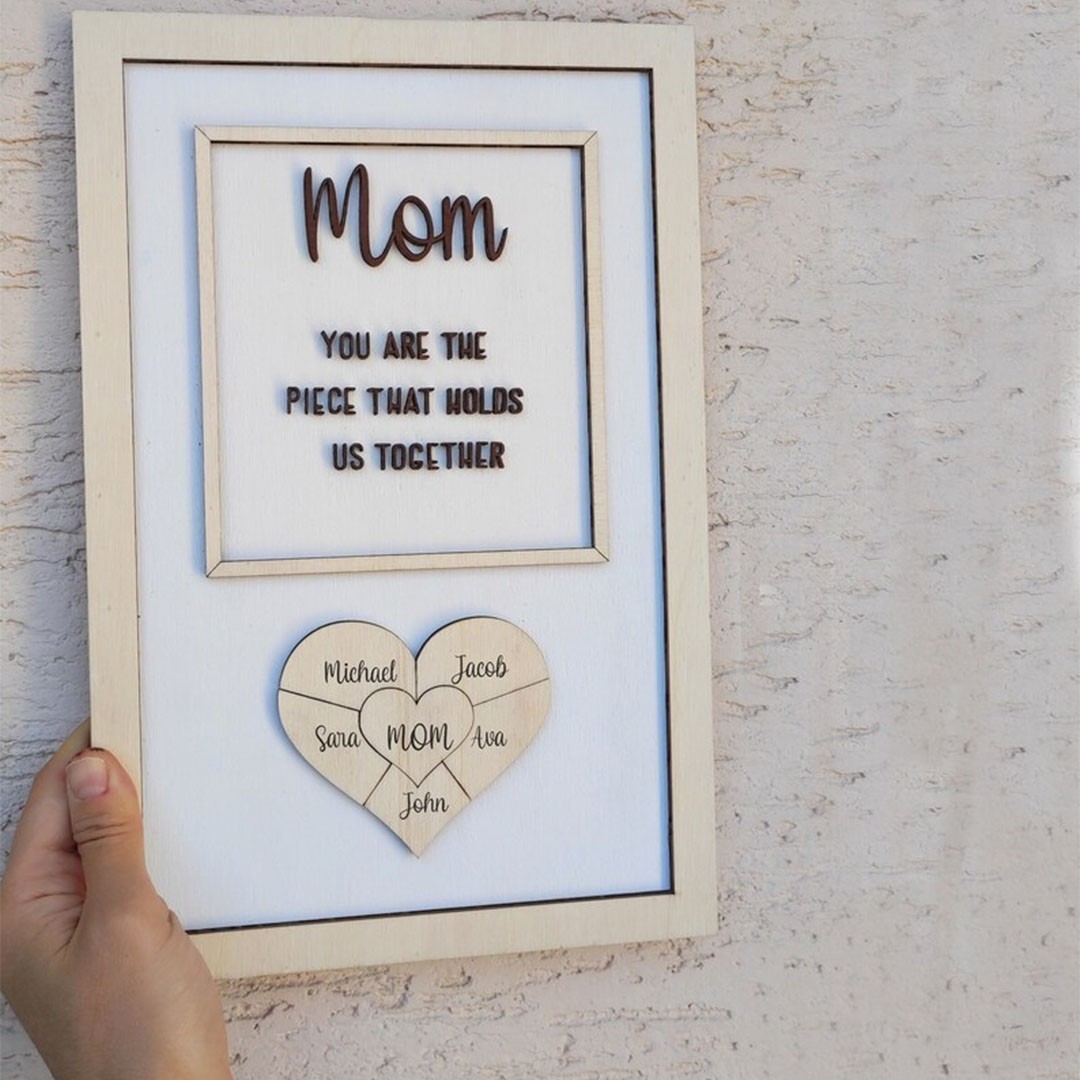 Handmade Personalized Wood Mom Puzzle Sign | Mom You Are The Piece That Holds Us Together | Mothers Day Gift