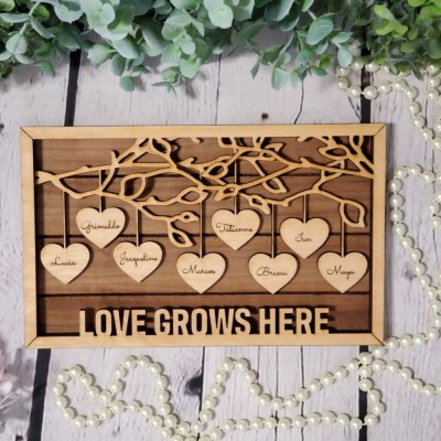 Family Hanging Hearts Frame Sign, Personalized Family Tree Frame, Laser Engraved Framed Hearts, Custom Gift for Mom