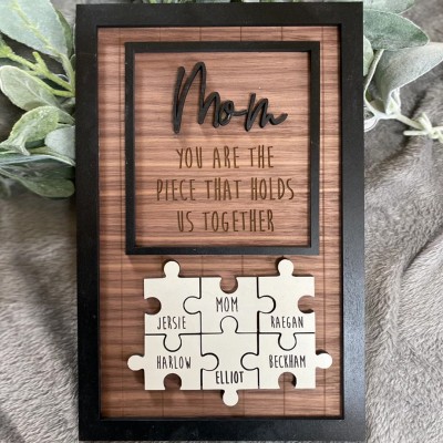 Black Frame Handmade Engraved Personalized Wood Mom Puzzle Sign.