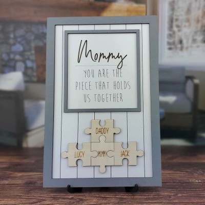 Handmade Personalized Blue Wood Mom Puzzle Sign | Mom You Are The Piece That Holds Us Together | Mothers Day Gift